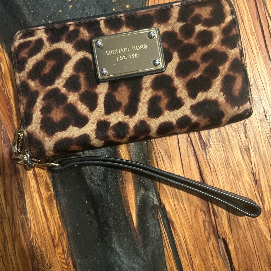 Michael Kors Leopard Print Wristlet Clutch In Brown And Black With Gold Plate